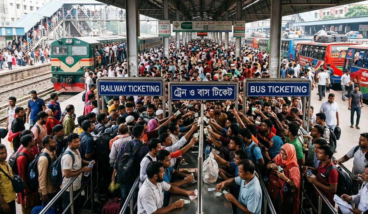 ঈদে ঘরমুখী মানুষের ট্রেন ও বাসের টিকিট কাটা