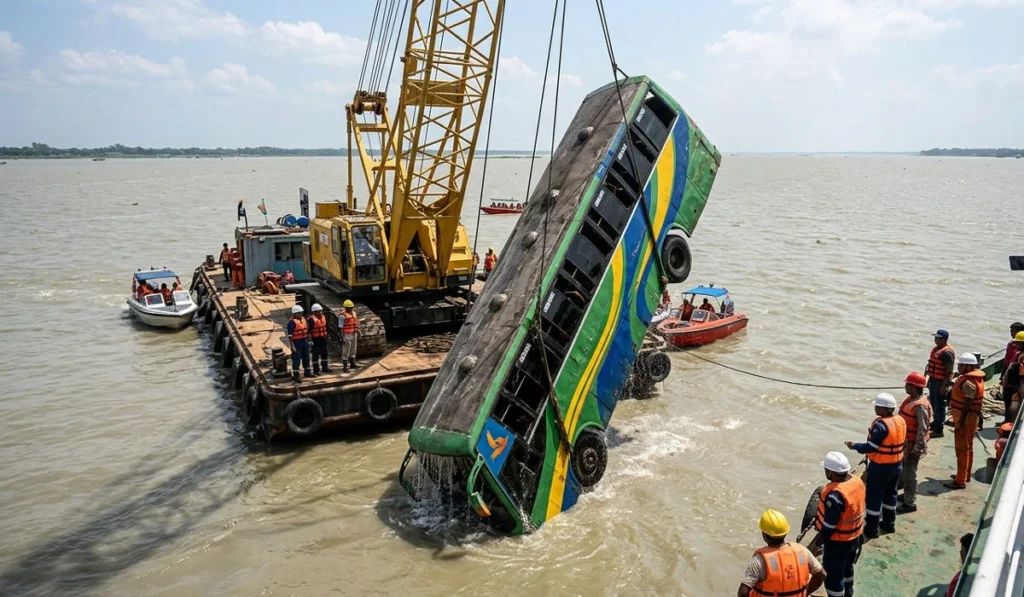 আড়াই ঘণ্টা পর পদ্মায় ডুবে যাওয়া বাস উদ্ধার